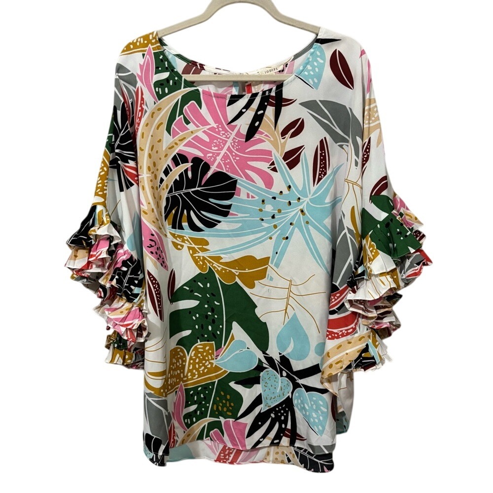 JODIFL Graphic Pink and Blue Flutter Sleeve Blouse